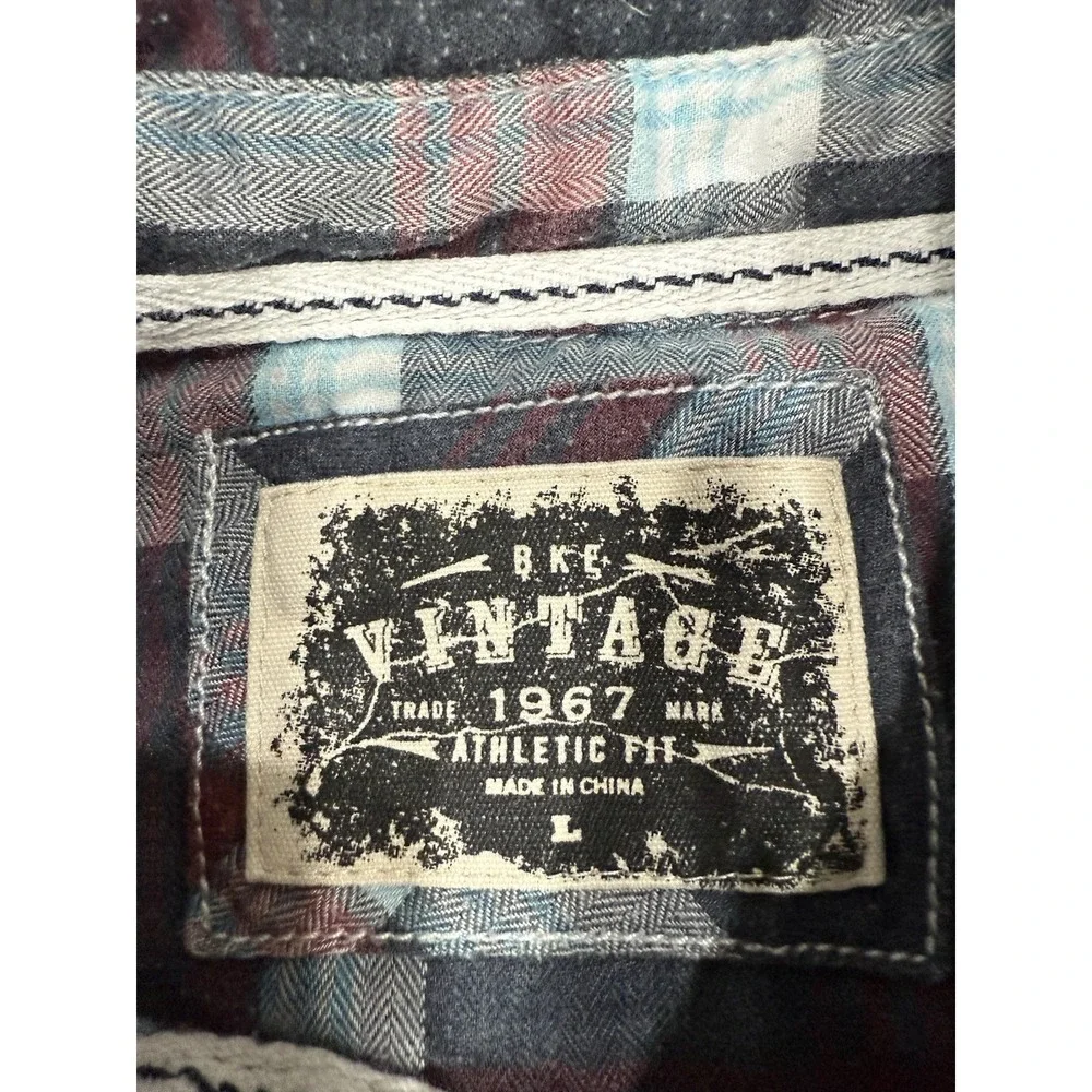 BKE Pearl Snap Shirt Plaid Thick Stitch Mens Size Large Athletic Fit Punk Grunge